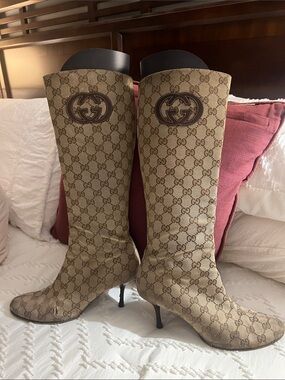 GUCCI Beige GG Canvas Knee-High Logo Heeled Boots